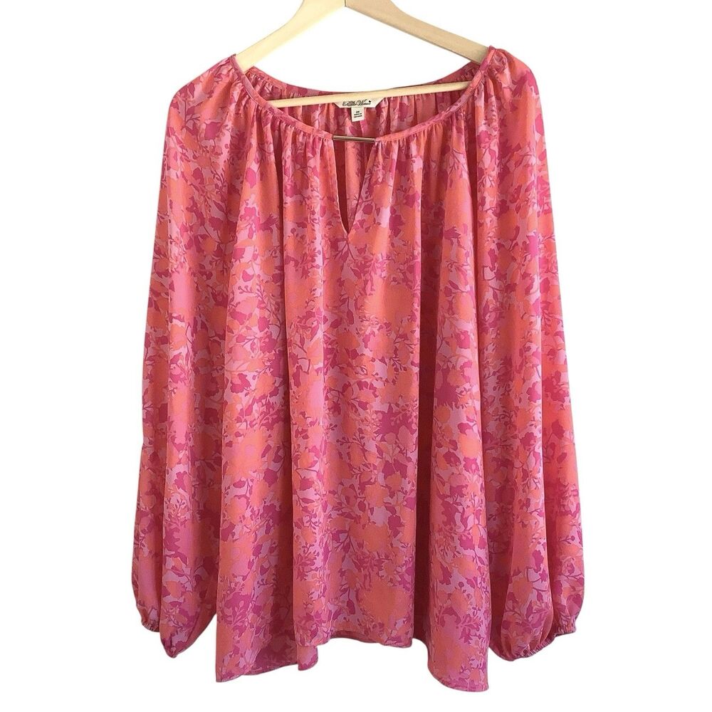 Pioneer Woman Long Sleeve Chiffon Pullover Blouse Top Plus Size 2X Pink Orange